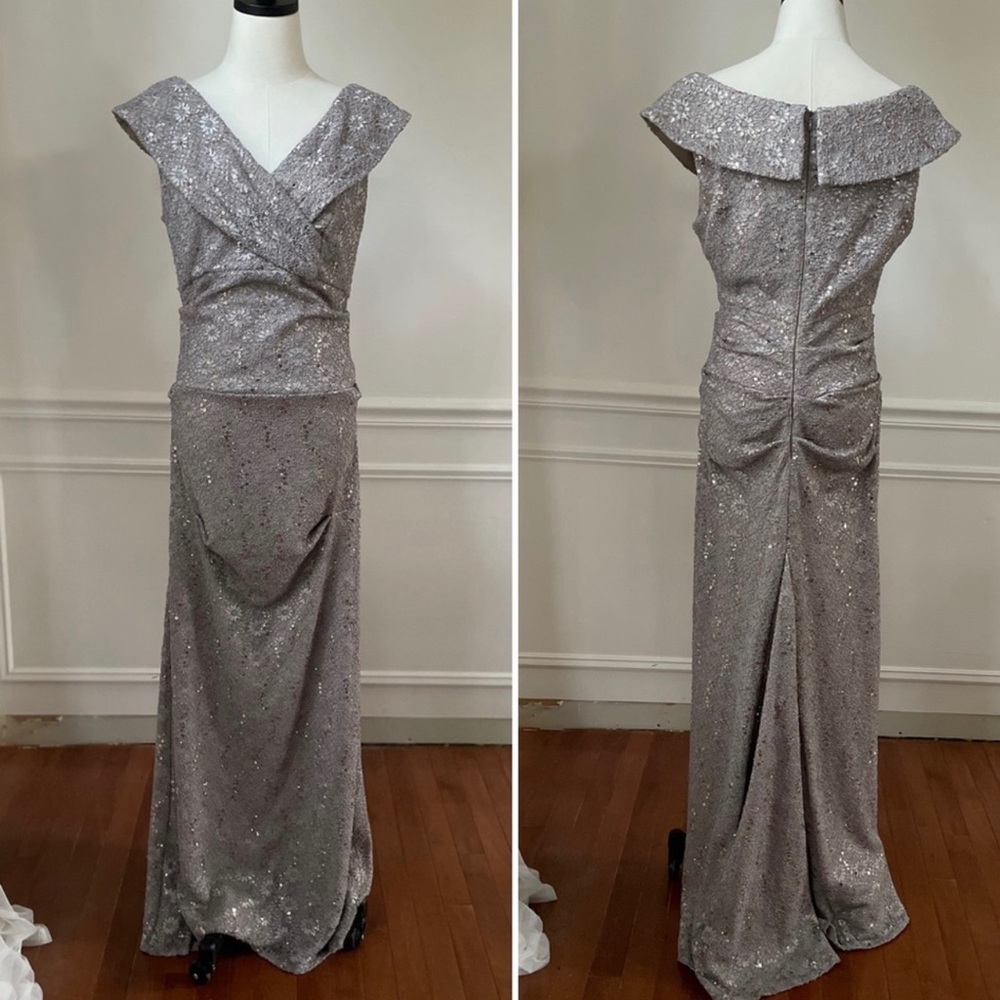 Alex Evenings Taupe Formal Gown Black Tie Wedding Guest Prom Sequin Lace 10.
